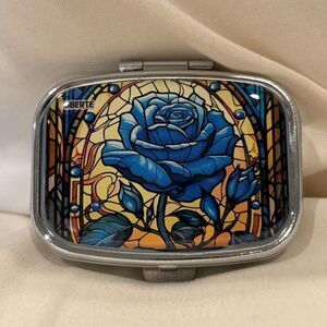 Stained Glass Blue Rose Travel Pill Box 2 Compartment Medicine Pill Case NEW